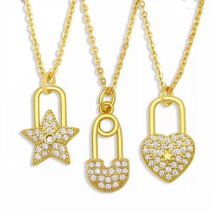 Pendanthalsband Flola Small Heart Padlock Necklace For Women Crystal Star Lock CZ Pave Zirconia Jewelry Valentines Day NKET40