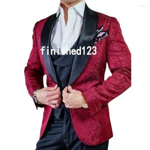 Erkekler Suits Burgundy Paisley Damat Smokin 3 Parça Yatak Yaka Erkekler İş Takımı Kokteyl Elbise Partisi Giysileri (Ceket Pantolon Vest Kravat) W: 309