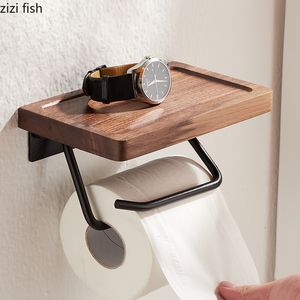 Toilet Paper Holders Metal Wood Tissue Holder Wallmounted Paper Holders Shelf Black Walnut Toilet Paper Holder Paper Roll Holders Wall Storage Rack 230303