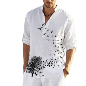 Men's Casual Shirts Men's White Blouse Cotton Linen Shirt Loose Tops Print Long Sleeve Tee Shirt Summer Autumn Casual Handsome Men's Shirts 230306