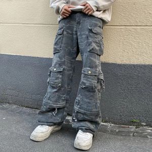 Men's Jeans High Street Camouflage Pockets Cargos Straight Patchwork Retro Loose Overalls Harajuku Casual Baggy Trousers Oversized 230306