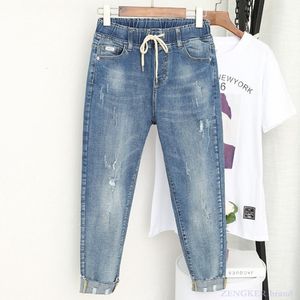 Kvinnors jeans vår sommar plus size jeans kvinnors stretch fett syster niopunkt byxor var tunna höga midjbyxor plus storlek 5xl 230306