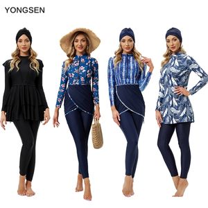 Swim Wear Yongsen Mulheres Modestas Muçulmanas Swimwear Patchwork Hijab Esporte Mangas Compridas Maiô 3 Pcs Desgaste Islâmico Banheira Terno 230303