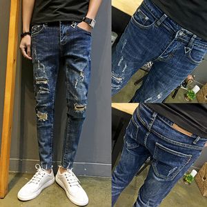 Men's Pants Wholesale Fashion Denim Men 's Boys Small Feet Ripped Holes Cropped Jeans Thin Social Men Beggar Pencil 230306