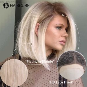 Syntetiska peruker Haircube Ombre Brown Platinum Blonde Bob Human Hair Spets Front Wig Side Part Medium Long Lob Straight Remy Hair Wigs For Women W0306