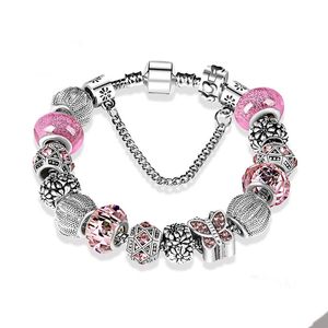 Sterling Silver Plated Cute Pink Charm Armband för Pandora Snake Chain Fashion Party Jewelry for Women Girl Gift Charms Armband med originallådan