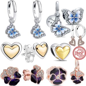 925 Gümüş Fit Pandora Küpe Kristal Moda Kadın Mücevher Hediye Kulak Çıtçıtları Kelebek Pansy Kalp Damla Küpe Boncuklar