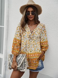 Kvinnors blusar omzin kvinnor Autumn Fall Tie Romantic Holiday Top Long Sleeve V-Neck Boho Print Chiffon Shirt Loose Temperament All-Match