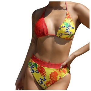 Women's Swimwear Separate Swimsuit 2 Pieces Color-patching String Bikini For Girls Plus Size Tankinis Halter Top Printed Shorts Banadores