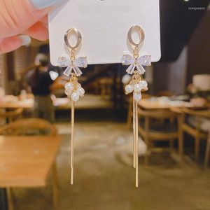 Dangle Earrings Pearl Crystal Bowknot Tassel Drop for Light Luxury French Design Fairy Korean Fashion Party Jewelry Gift