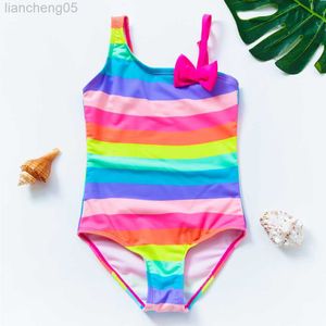 Jednoczęściowe 2021 Girls Swimsuit One Piece Dyque Ramion Swimsuit 5-14years Squaże w paski dla dziewcząt 2021 Dzieciowe stroje kąpielowe z łukiem W0310