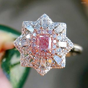 Cluster Rings Chic Princess Pink Crystal Zircon Diamonds Gemstones Flower For Women White Gold Silver Color Fine Jewelry Bague Bijoux