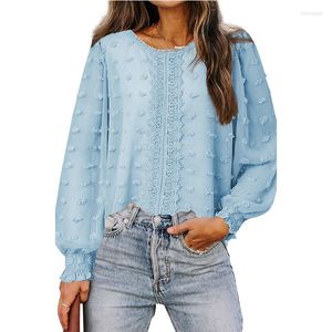 Damenblusen Chiffon-Oberteil 2023 Frühling Sommer Rundhalsausschnitt Lotusblatt-Ärmel Pullover Lose lässige Pelzkugel Spitze Modehemd