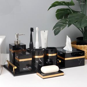 Bad-Zubehör-Set, Kunstharz, Badezimmer-Accessoires, Marmor-Textur, Desktop-Händedesinfektionsmittel, Seifenspender, Showe-Gel-Flasche, Schwarz mit Golden