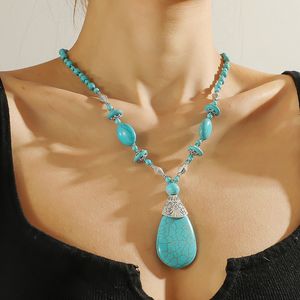 Colar de pendente turquesa de estilo boho, mulheres com corda de miçangas de miçangas de miçangas