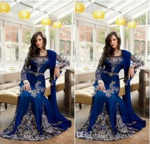 Royal Blue Luxury Crystal Muslim Arabic Prom Dresses With Applique Lace Abaya Dubai Kaftan Long Plus Size Formal Evening Gowns BA0718