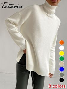 Women's Sweaters Winter Women's Turtlenecks Green Oversize Sweaters Classic Warm Knitted Pullovers Tops Side Slit Long Sweaters for Women 230306