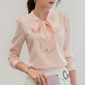 Women's Blouses Pink Pullover Top Women Blouse 2023 Autumn Fashion Elegant Bow Tie Long Sleeve White Business Shirt Ladies Korean Formal