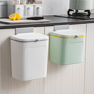 Waste Bins Plastic Wall-mounted Trash Can Slide Cover Bathroom Kitchen Cabinet Door Hanging Adhesive Household Kitchen Trash Bin 230306