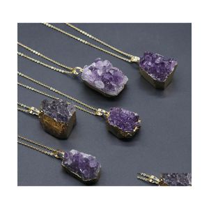 Pendant Necklaces Natural Amethyst Cluster Healing Necklace Gilded Edge Geode Decor Handmade Purple Crystal Hanging Decoration For R Dhmjd