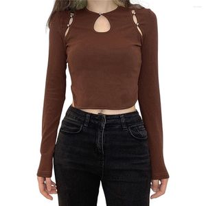 Women's T Shirts Women Hollow Out Crop Tops O-Neck Button Connected Long Sleeves Solid Brown T-Shirt Spring Female Clothing 2023