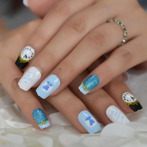 False Nails Light Blue Dreamlike Designed Nail Princess Clock Medium Glitter Fake Square Childlike Artificial