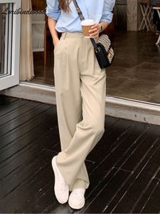 Женские брюки Capris retro прямо широкие коричневые штаны винтажные женские корейские высокие талию повседневные длинные темно -синие брюки белые бежевые брюки 230306