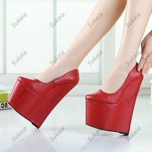 Sukeia Handmade Women Platform Pumps Slip On Wedges Heels Round Toe Pretty Red Party Shoes US Plus Size 5-20