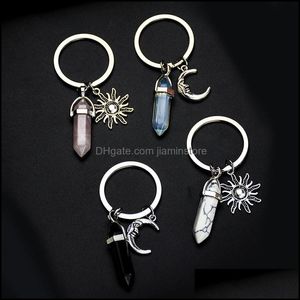 Chaços de chaves liga liga solar lunas encantos de âmbito de chave de pedra natural do pilar hexagonal casal Keyrings Mulheres Rose Quartz Key cadeias Trin Dhyt3