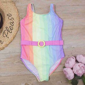 One-Pieces Rainbow Bandage Belt Kids Girls One Piece Swimsuit Swimwear Children Baby Summer Beach Wear Monokini Brand Child Bathing Suit W0310