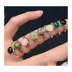 Cluster Rings 10Mm 12Mm Healing Natural Stone Crystal Small Round Open Adjustable Amethysts Lapis Pink Quartz Women Ring Party Weddi Dhcue