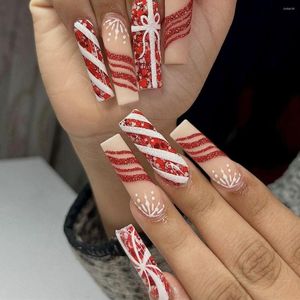 Unghie finte 24 pezzi Set finto natalizio Stampa su punte di finti ongles Accessori per manicure fai da te Fiocco di neve Chiodo acrilico bianco rosso