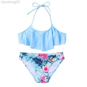 Endelar Falbala tryck flickor barn baddräkt 2022 sommar barn bandage bikini set barn baby bandage biquini infantil badkläder strandkläder w0310