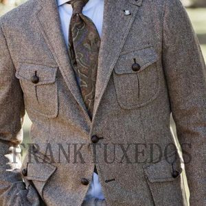 Męskie garnitury Blazers Vintage Wool Polting Płaszcz Mężczyzny Multi Pocket American Work Suit Herringbone Tweed Jacket Spring and Autumn Trend Blazer