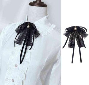 Kadın Kızlar Siyah Dantel Şerit Yay Sahte İnci Kolye Broş Pin Kolye Tekdüze Gömlek Bluz Önceden Jabot Yakası L2207284213108