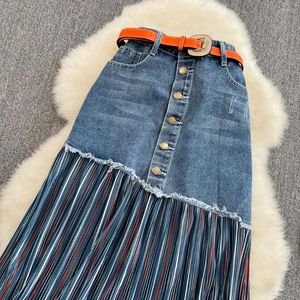 Skirts Spring Summer 2023 Chiffon Stitching Pleated Skirt Women High Waist Slimming Irregular Mid-Length A- Line Denim Faldas