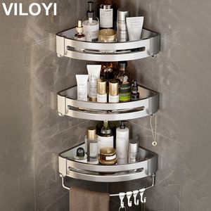 Prateleiras de banheiro prateleiras de banheiro viloyi montado na parede sem perfuração de broca de alumínio canto de canto de caddy plataforma de cozinha multicamada organizador de cozinha 230303