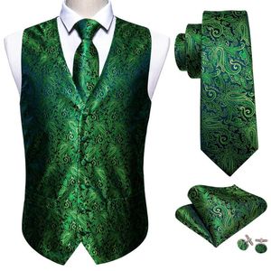 Gilet da uomo Gilet di seta floreale verde Gilet da uomo Abito slim Cravatta d'argento Fazzoletto Gemelli Cravatta Barry.Wang Business DesignUomo