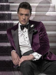 Мужские костюмы Anniebritney 2 куска фиолетового бархатного костюма с черными шерстяными брюками Custom Groom Свадебное смокинг Slim Fit Prom