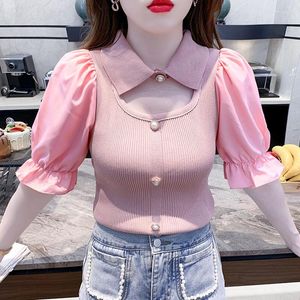 Kvinnors blusar koreanska lapptäcke blus kvinnor sommar puff hylsa stickade toppar och rosa vita ihåliga skjorta blusas mujer