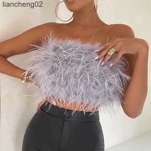 Women's Knits Tees Women's Crop Top Artificial Fur Feather Vest Sleeveless Solid Color Strapless Fluffy Backless Slim Fit T-shirt Streetwear Y2k W0306