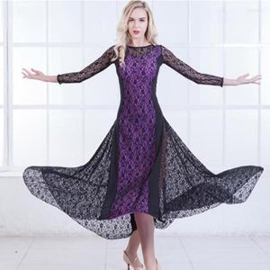 Stage Wear Lace Mesh Long Sleeve Ballroom Dance Costume Clothes Women Standard Dancing Dresses For Sale Green Red Purple