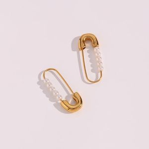 Studörhängen B Belle Officiell butik Rostfritt stål smycken Dainty Safety Pin Pearl Earring For Girl 18K Gold Plated Fashion Earring Stud