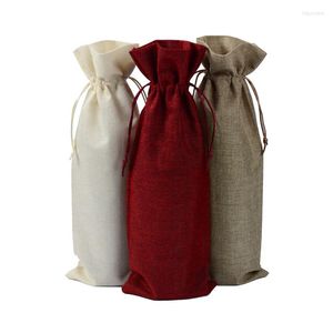 Jewelry Pouches 100pcs Customized Handmade Jute Wine Bottle Covers 5.9"x15.35" Burlap Drawstring Linen Pouch Wedding Christmas Gift Bags