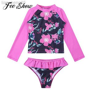 One-Pieces Kids Girls Tankini Sets Long Sleeves Rashguard Swimsuit Swimwear Bathing Suit Swimming Set Fish Scales Printed Tops with Bottoms W0310