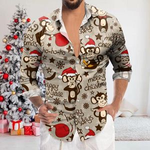 Camisetas masculinas masculas moda casual natal digital 3d impressão de lapela botão de manga longa camisa