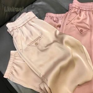 여성용 바지 Capris Unireal Summer Womans Harem Pants 높은 허리 캐주얼 자른 바지 분홍색 챔피언스 우아한 숙녀 느슨한 새틴 바지 230306