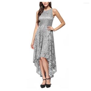 Casual Dresses Elegant Women Summer Dress O-Neck High Low Mesh Lace Pleated Beach Women's Sexy Sleeveless Party Maxi