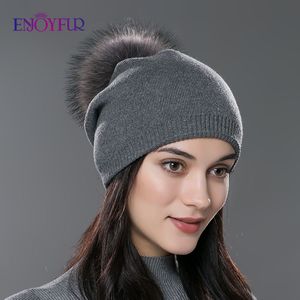 Berretti BeanieSkull ENJOYFUR Cappelli invernali da donna con pompon in vera pelliccia di lana lavorata a maglia spessa e calda foderata berretti cappello da donna moda bobble berretti da sci 230306