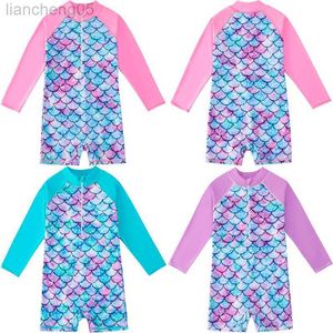 One-Pieces Swimsuit Mermaid Girls Swimwear One Piece with Long Sleeve Sun Protection Middle Child Swimming Bathing Suits Surfing Beachwear W0310